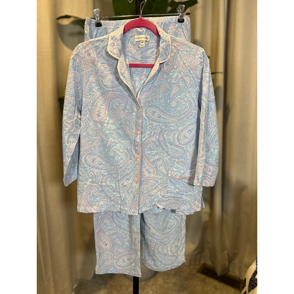 Miss Elaine Pajama Set Womens Medium Blue Pink Paisley Button Up 3/4 Sleeve PJ